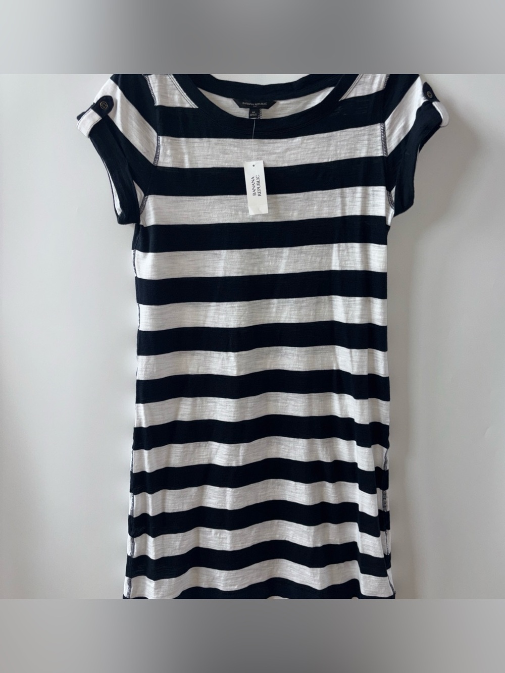 Banana Republic Black White Striped 100% Cotton T-Shirt Dress Short Sleeve M